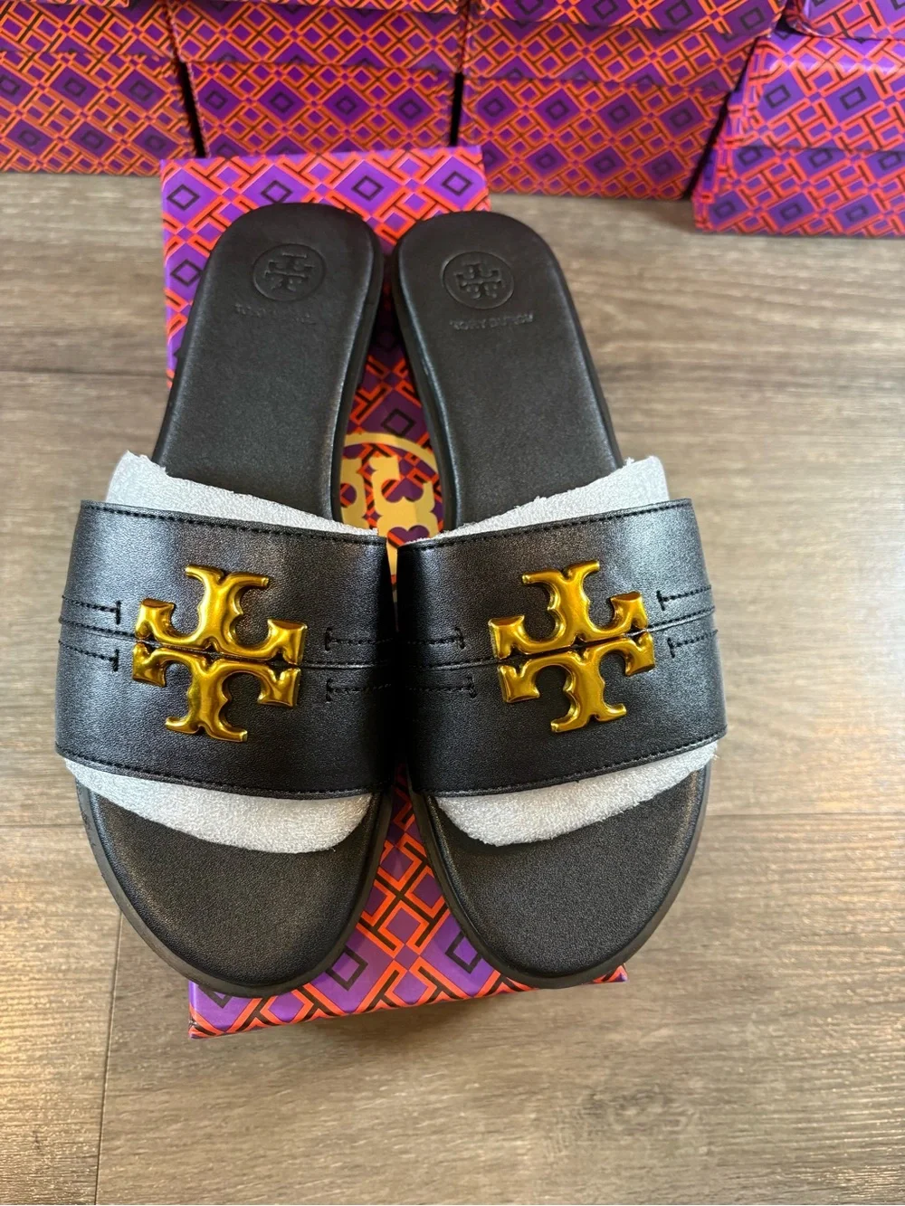 Tory Burch Black Leather Slide Sandals with Gold